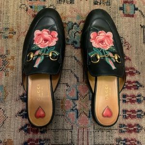 Gucci Black Princetown Leather Rose Flower Sandal 36.5
